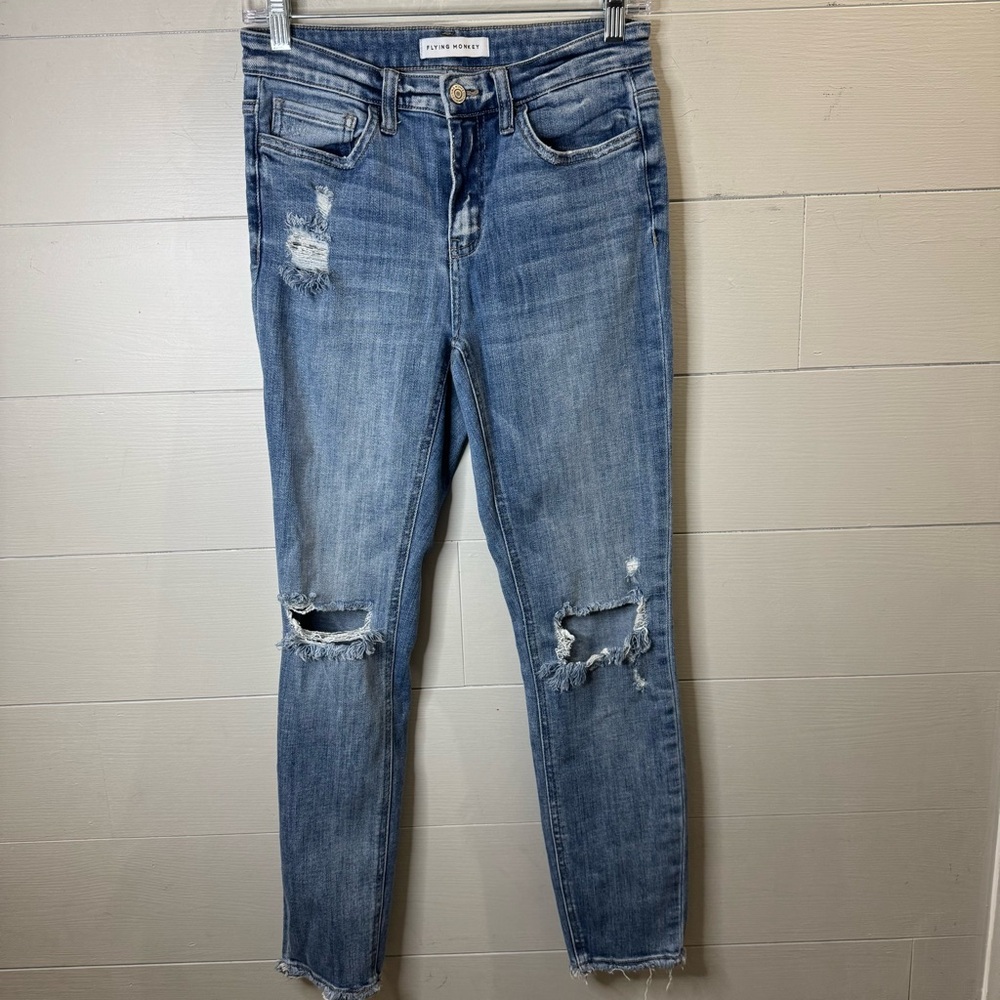 Flying Monkey High-rise Ankle-crop Slim-straight Jeans With Distressing Size 27